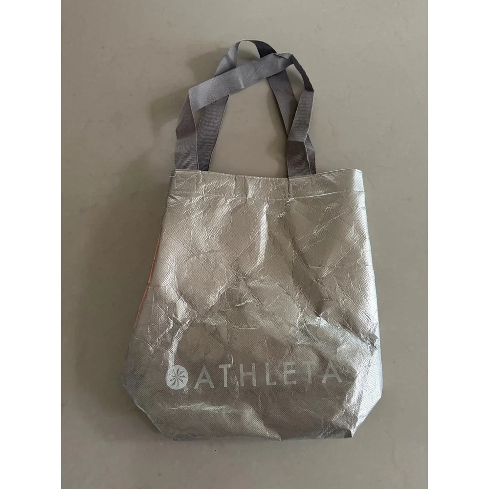 Athleta Reusable Shopping Tote Bag Metallic Silver Crinkle Logo Gym Shopper‎